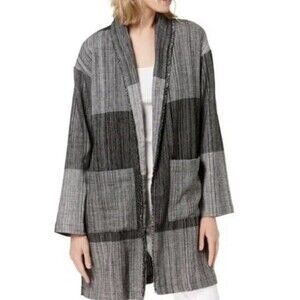 Eileen Fisher Coat Womens S/M Black Gray Duster Color Block Fringed Lagenlook